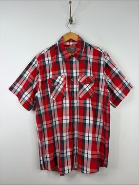 Dixxon Bamboo Shirt Mens XL Red Gray Plaid Short Sleeve The Skipper Loose Fit
